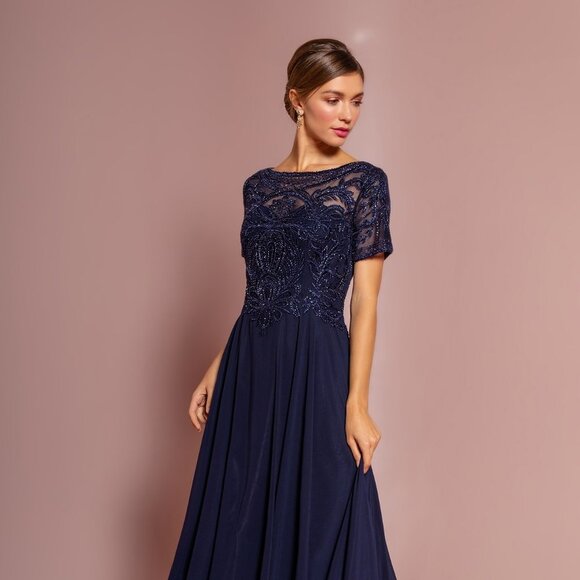 NEW LONG CHIFFON A-LINE DRESS WITH CAP SLEEVES EMBROIDERED WITH LACE GL2683 - Picture 3 of 12